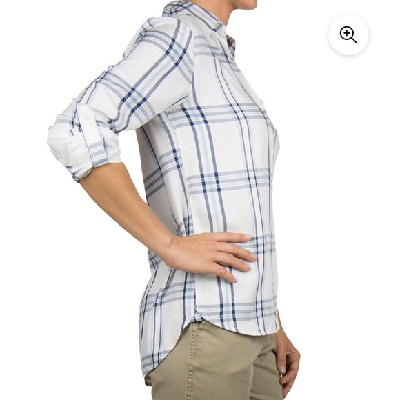 WOOLRICH WOMEN’S LIGHTWEIGHT BUTTON UP TOP ROLL TAB SLEEVES BLUE SKIES PRINT XXL - Picture 2 of 9